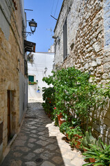 A small street in Casamassima, a village with blue-colored houses in the Puglia region of Italy.