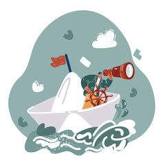 Fototapeta premium Vector illustration of man on a paper boat with telescope and steering wheel