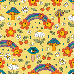 retro seamless pattern with rainbow, flowers, mushroom - 510558582