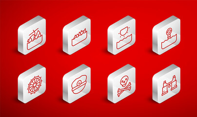 Set line Binoculars, Sharp stone reefs, Sun, Periscope, Skull crossbones, Sinking cruise ship, Captain hat and Ship steering wheel icon. Vector