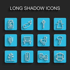 Set line Bare tree, Thermometer, Jam jar, Christmas mitten, Sweater, Bench, Mushroom and Dove icon. Vector