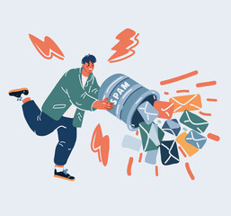 Vector illustration of Text message SMS scam or phishing concept. Man hold big bucket with letters and enveloples