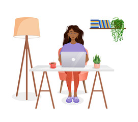 Fototapeta premium Woman sits at a table, works at home at a computer. Remote work, freelance, home office, programming, training. Vector illustration.