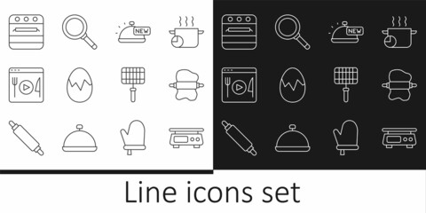 Set line Electronic scales, Rolling pin dough, Covered with tray of food, Broken egg, Cooking live streaming, Oven, Barbecue steel grid and Frying pan icon. Vector