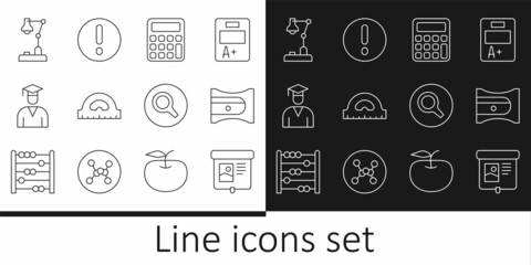 Set line Projection screen, Pencil sharpener, Calculator, Protractor grid, Graduate and graduation cap, Table lamp, Magnifying glass and Speech bubble Exclamation icon. Vector