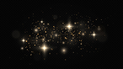 Golden confetti and glitter texture on black background. Sparkling space magical dust particles. Christmas concept.