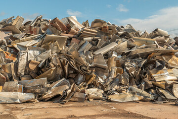 Processing industry, a pile of old scrap metal, ready for recycling. Scrap metal recycling.
