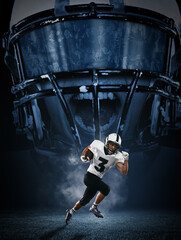 Creative portrait of young man, american football player in motion over dark background with fans...