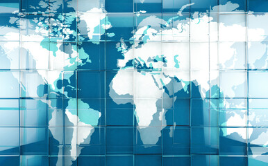 Fondo de tecnología y ciencia con mapa del mundo. Ilustración 3d. Concepto de ciberespacio e internet y mapa azul y blanco © C.Castilla
