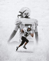 Poster with professional american football player in motion over white background with reflection effect. Sport, challenge, goals, activity concept. © master1305