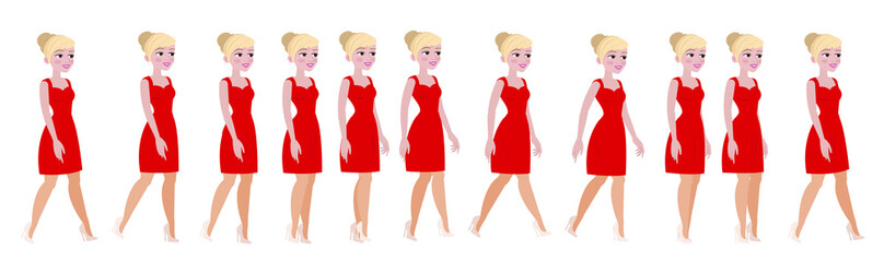 Animation of the girl's gait in heels. Feminine in a dress, full animation loop, rigged character.