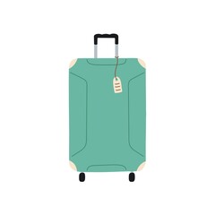 Tourists baggage with bag tag attached on string. Wheeled luggage, travel case for vacation, holiday, tourism. Package for trip. Colored flat vector illustration isolated on white background