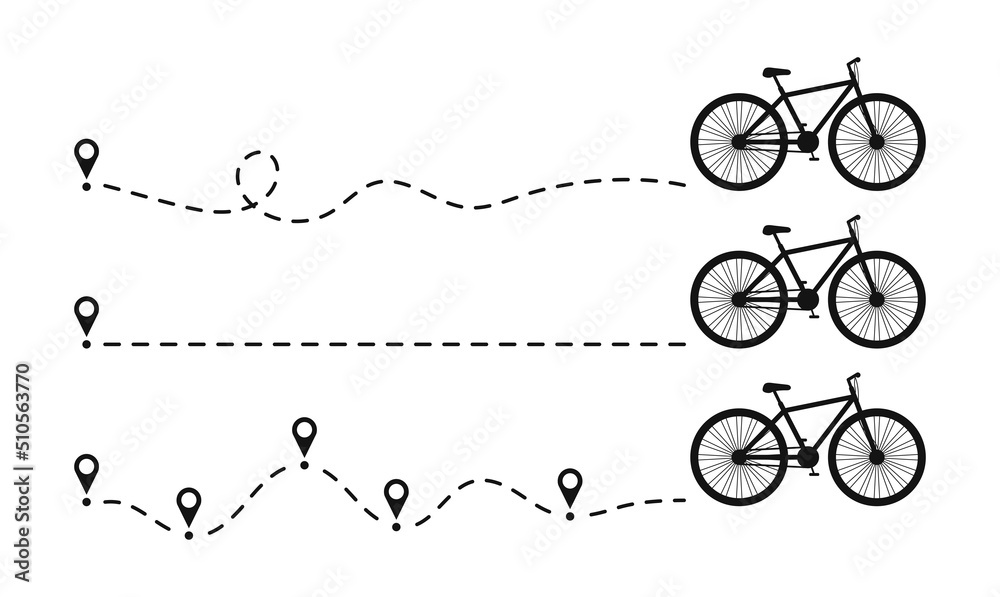 Poster Bike icon dotted line path with start point. Set of bicycle way trace with location or map pins and dotted route. Vector illustration.