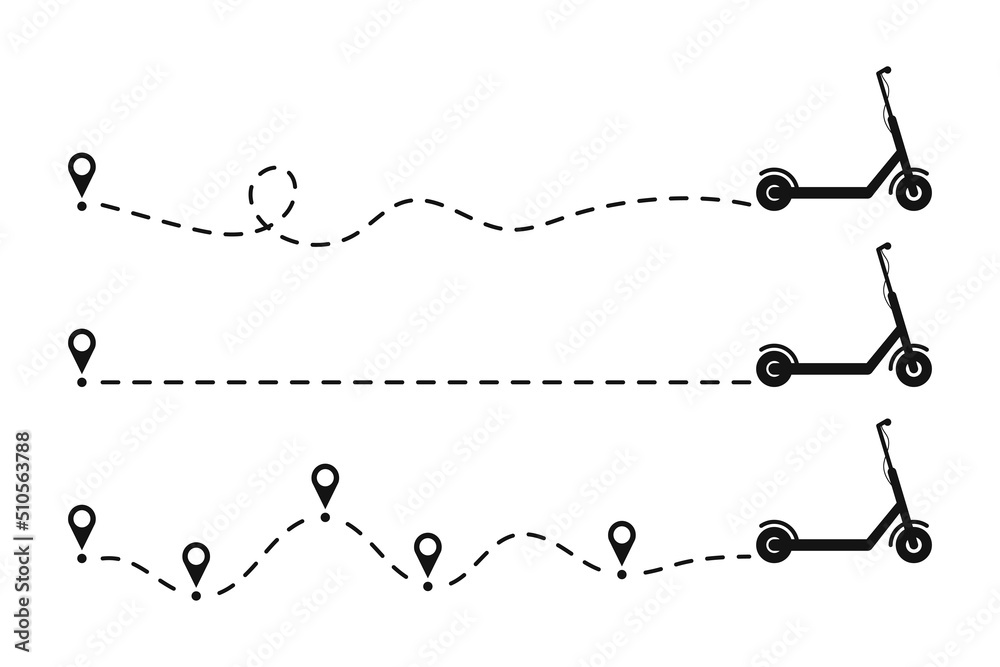 Poster Scooter icon dotted line path with start point. Set of kick scooters paths trace with location or map pins and dotted route. Vector illustration.