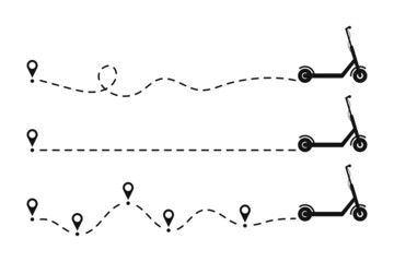 Scooter icon dotted line path with start point. Set of kick scooters paths trace with location or map pins and dotted route. Vector illustration.