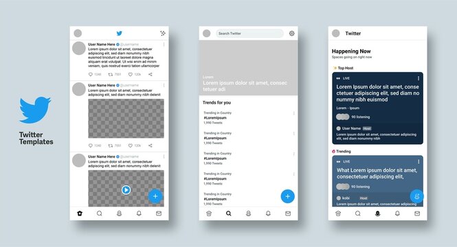 Lombok, Indonesia - June 13, 2022: Twitter mobile apps interface template. Twitter editable mockup.