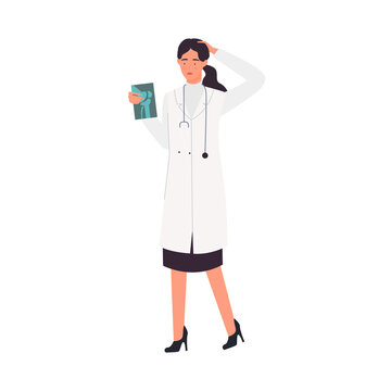 Worried female doctor with xray scan. Radiology worker, hospital medic vector illustration