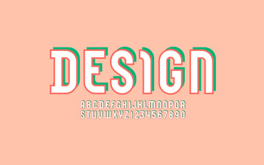 Design font, condensed alphabet sans serif with shadow, colored letters and numbers, vector illustration 10EPS