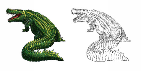 Prehistoric extinct alligator - Deinosuchus. Terrible crocodile. Coloring book with extinct predators reptiles.