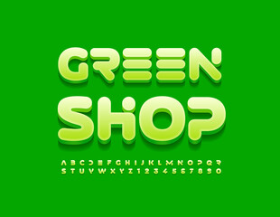 Vector creative Signboard Green Shop. Modern Glossy Font. Artistic Alphabet Letters and Numbers.