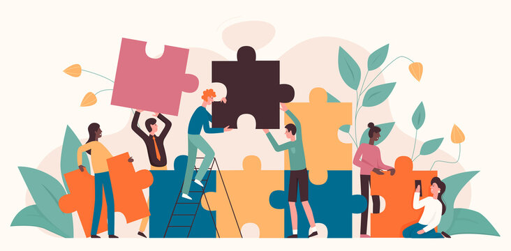Community of business people building teamwork and cooperation. Cartoon corporate tiny characters connect and match puzzle parts together, make achievement flat vector illustration. Challenge concept