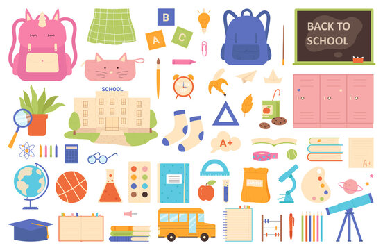 School supplies, building and stationery set for autumn album vector illustration. Cartoon cute notebook and pencil for children, book, unicorn backpack for lessons isolated white. Education concept