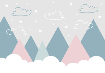 Mountains and clouds. For baby wallpapers, decor, web banners, posters. Vector illustration. Children's wallpaper. Hand drawn in scandinavian style. Mountain landscape. © YUSI_DESIGN