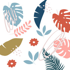 Fototapeta na wymiar Seamless pattern with tropical leaves and doodles. Banana leaves, branches, monstera, dots in doodle style. Trendy wallpaper on a white background.