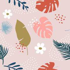 Vector hand drawn seamless pattern with tropical leaves, branches, flowers and dots. Trendy wallpapers, textiles.
