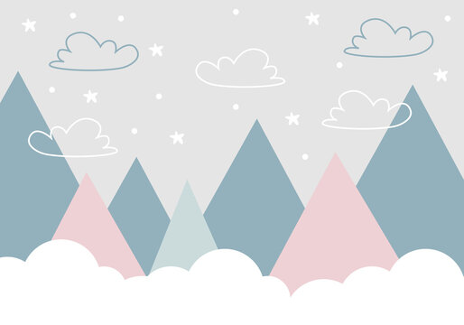 Mountains and clouds. For baby wallpapers, decor, web banners, posters. Vector illustration. Children's wallpaper. Hand drawn in scandinavian style. Mountain landscape.