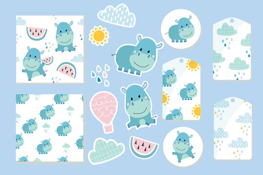 Vector. Hand-drawn set. Stickers and labels for clothes and gifts. Cute hippos stickers, clouds, watermelon, sun. Patterns with clouds, drops and hippos in the Scadinas style. A large, unique set. 