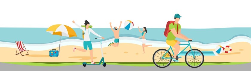 Travel. Summer vacation at sea. Family travel. Vacation with friends. Vector illustration.