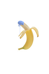 Fresh banana isolated on a white background with purple dripping paint. Creative organic fruits concept. Banner for healthy food or diet. Pop art aesthetic.