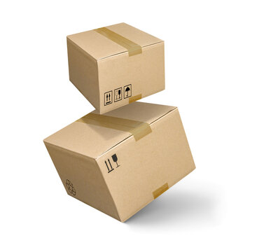Cardboard parcel boxes falling isolated on a white
