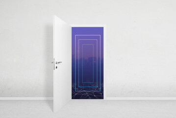 Door to the metaverse concept. Open door on a white wall overlooking the portals. The concept of entering the web 3.0 blockchain technology