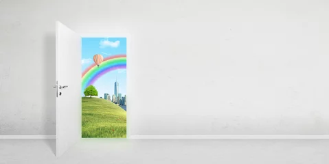 Fotobehang Door to a better world. The concept of a portal into virtual reality, metaverse. A smart city in the background with a rainbow, balloon and preserved nature. Copy space beside on white wall © Stanisic Vladimir