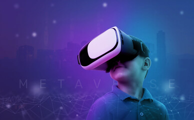 Boy with VR glasses in a metaverse environment concept. Purple background with net threads and...