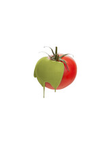 Fresh red tomato isolated on a white background with green dripping paint. Creative organic vegetable concept. Banner for healthy food or diet. Pop art aesthetic.