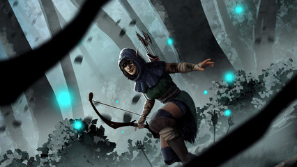 Elf girl in a hood with a bow and arrows sneaks in a magical forest and prepares to attack. 2d illustration