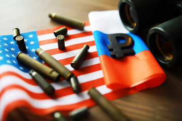 Fototapeta premium The concept of support in a military conflict. Solidarity. Politics. The flags are on the table.
