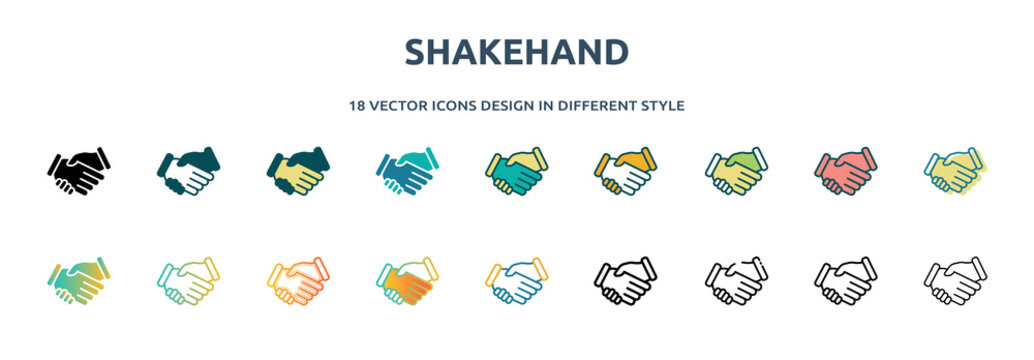 shakehand icon in 18 different styles such as thin line, thick line, two color, glyph, colorful, lineal color, detailed, stroke and gradient. set of shakehand vector for web, mobile, ui