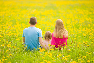 Fototapeta premium Young adult parents and daughter hugging each other. Family sitting at meadow of fresh yellow blooming dandelions in sunny spring day. Peaceful atmosphere in nature. Back view. Spending time together.