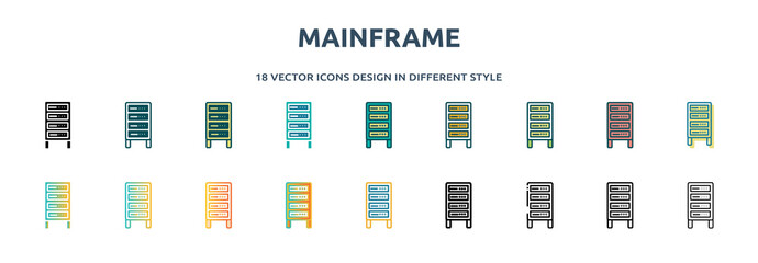 mainframe icon in 18 different styles such as thin line, thick line, two color, glyph, colorful, lineal color, detailed, stroke and gradient. set of mainframe vector for web, mobile, ui