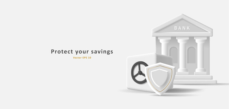 3d illustration of bank building icon with safe box and security shield