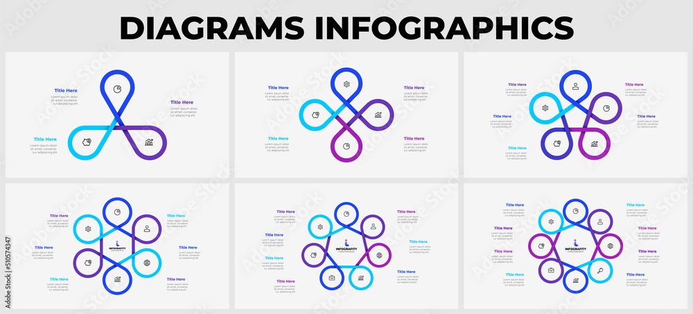 Poster Slides with circle infographics elements for business presentation. Vector info graphic cycle design templates. Concept with 3, 4, 5, 6, 7 and 8 options, parts or steps.