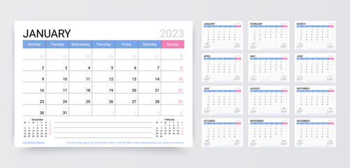 Calendar 2023 year. Planner calender template. Week starts Monday. Desk schedule layout. Yearly stationery organizer with 12 month. Horizontal monthly diary grid in English. Vector simple illustration
