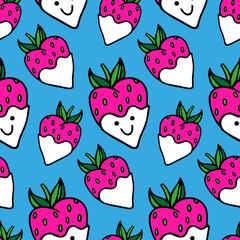 Seamless vector pattern of cute cartoon strawberries with cream. A berry with a funny smiling face. Summer fruits. Color illustrations, hand-drawn in doodle style, isolated. For wrapping paper, fabric