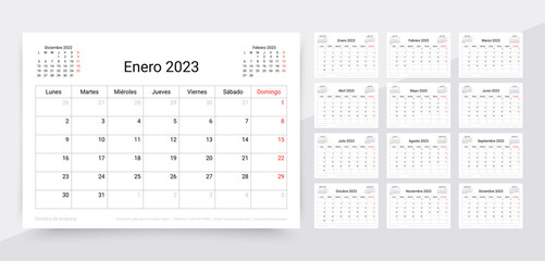 2023 calendar planner. Spanish calender template. Week starts Monday.. Table schedule grid with 12 month. Yearly organizer layout. Horizontal monthly diary. Vector simple illustration. Paper size A5.