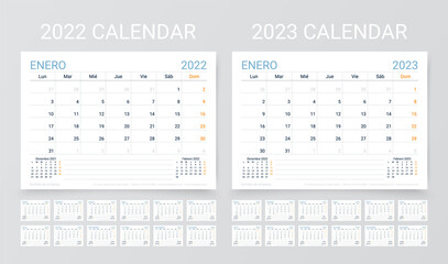 2022 2023 Spanish calendars. Planner template. Week starts Monday. Calender layout with 12 month. Yearly stationery organizer. Table schedule grid. Horizontal monthly diary. Vector simple illustration