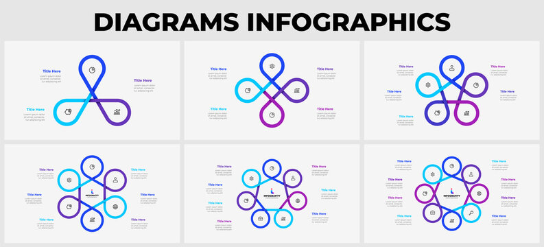 Slides with circle infographics elements for business presentation. Vector info graphic cycle design templates. Concept with 3, 4, 5, 6, 7 and 8 options, parts or steps.